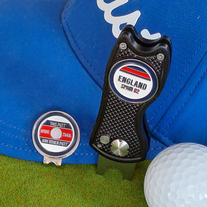 England - Pitch Mark Repair Tool, Cap Clip and 2 Metal Ball Markers